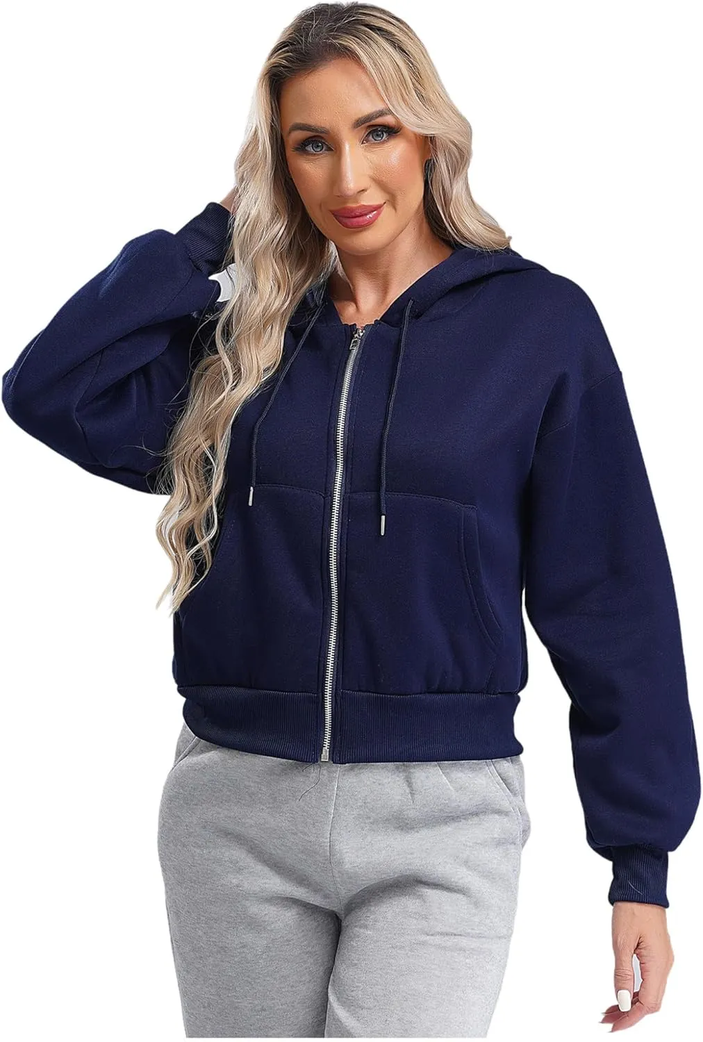 Women's Zip Up Hoodies Fleece-Lined Cropped Long Sleeve Sweatshirts with Pockets Casual Cropped Hoodie
