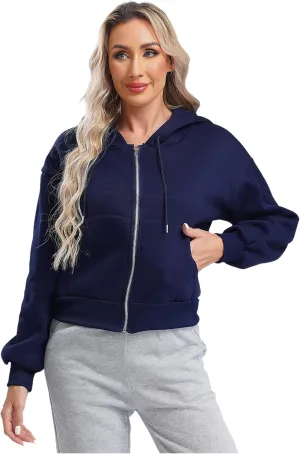 Women's Zip Up Hoodies Fleece-Lined Cropped Long Sleeve Sweatshirts with Pockets Casual Cropped Hoodie