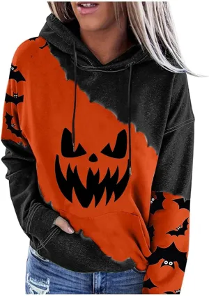 XIAXOGOOL Halloween hoodie For women Vintage Sweatshirts Hoodies Pumpkin Face Graphic Drawstring pullover With Pocket