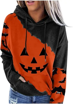 XIAXOGOOL Halloween hoodie For women Vintage Sweatshirts Hoodies Pumpkin Face Graphic Drawstring pullover With Pocket