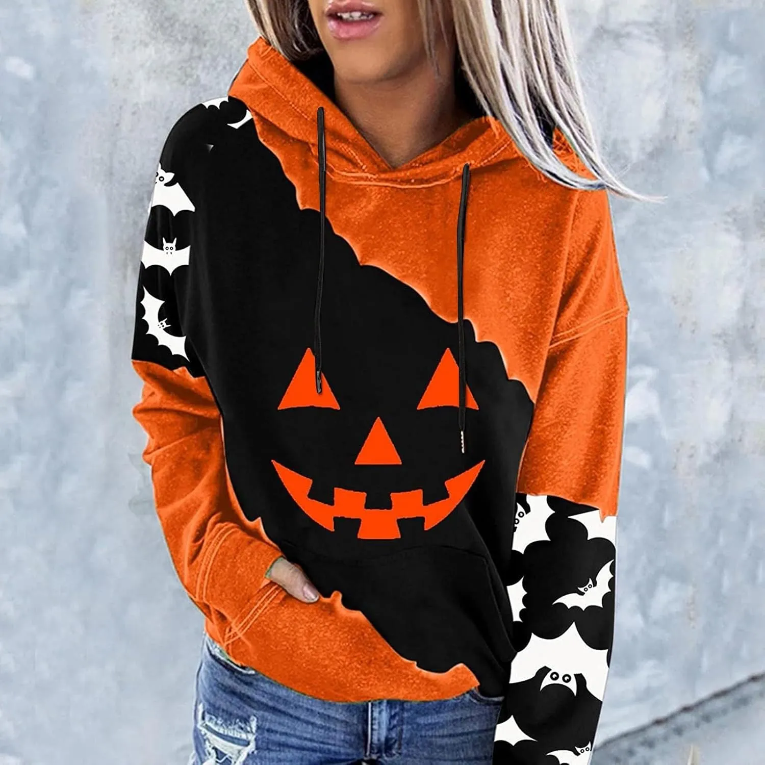 XIAXOGOOL Halloween hoodie For women Vintage Sweatshirts Hoodies Pumpkin Face Graphic Drawstring pullover With Pocket