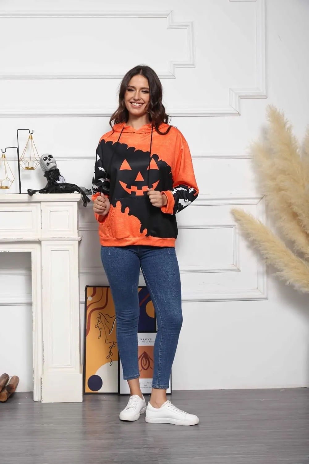 XIAXOGOOL Halloween hoodie For women Vintage Sweatshirts Hoodies Pumpkin Face Graphic Drawstring pullover With Pocket