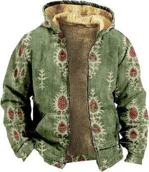 XIAXOGOOL Zip Up Sweatshirts For Men With Hood Big Tall Retro Ethnic Graphic Hoodies Heavyweight Sherpa Fleece Lined Jackets