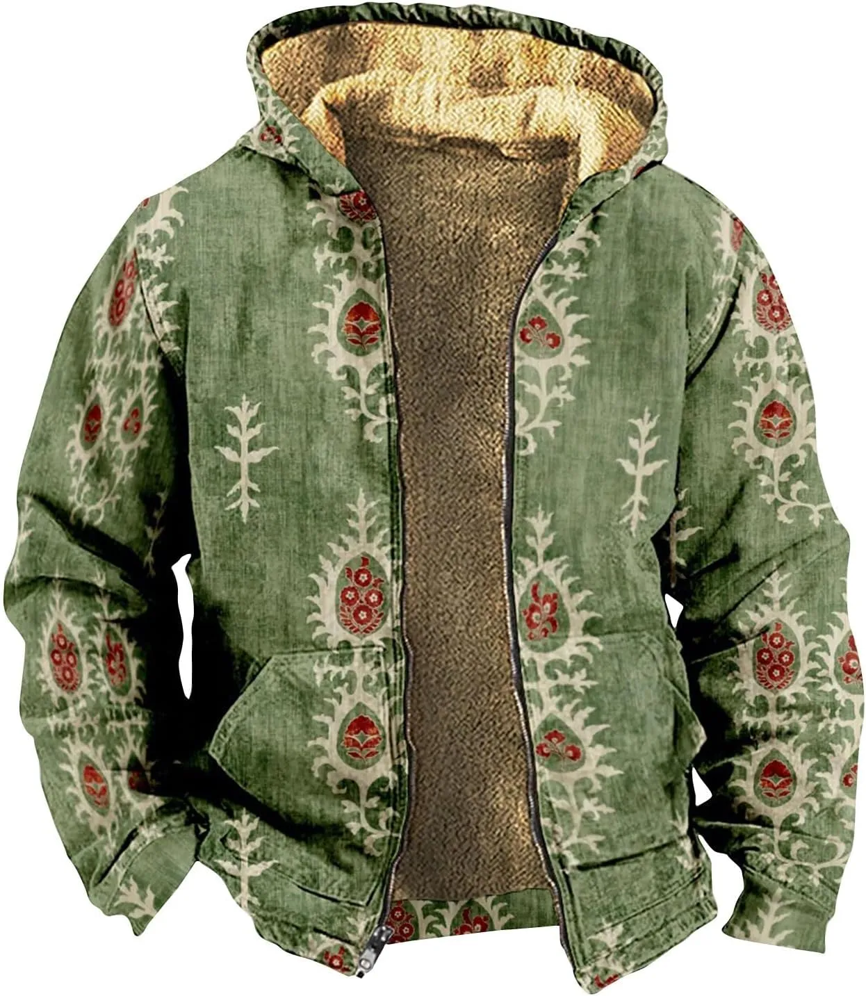 XIAXOGOOL Zip Up Sweatshirts For Men With Hood Big Tall Retro Ethnic Graphic Hoodies Heavyweight Sherpa Fleece Lined Jackets