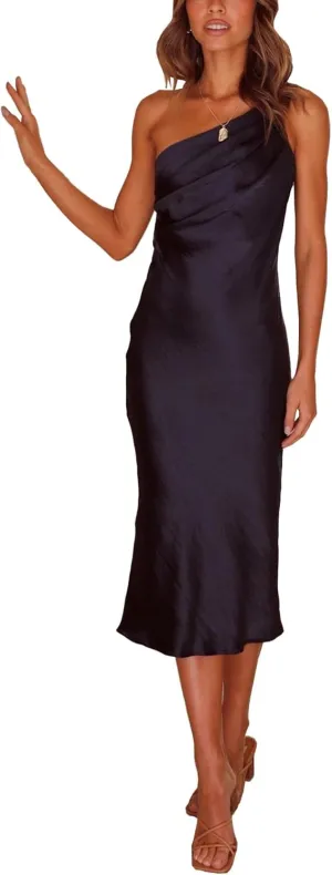 xxxiticat Women's One Shoulder Satin Party Dress Sleeveless Slim Lace Up Bandage Backless Cocktail Wedding Midi Slip Dresses