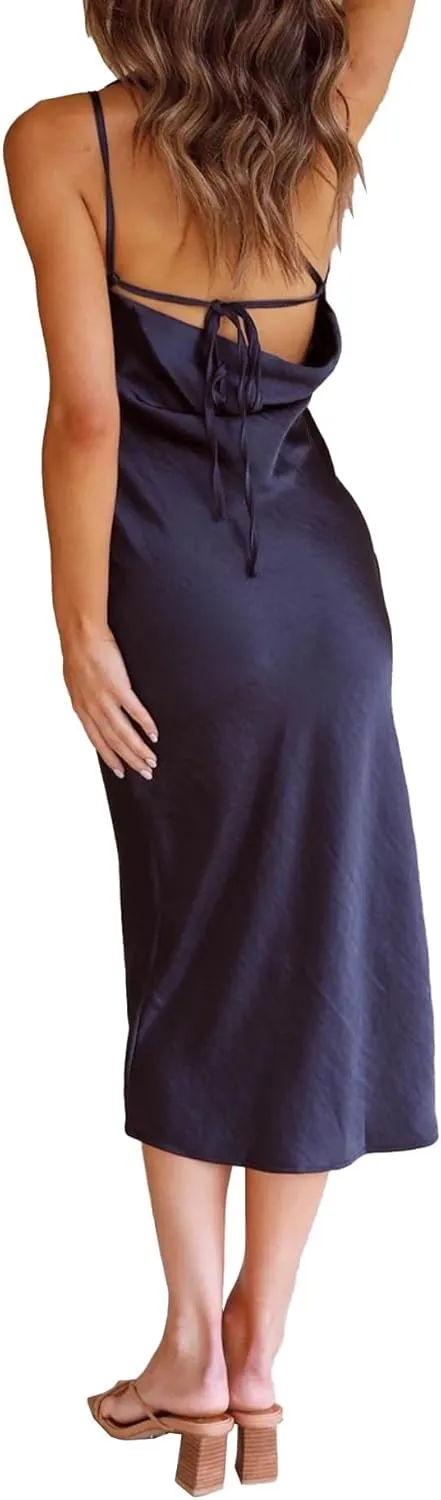 xxxiticat Women's One Shoulder Satin Party Dress Sleeveless Slim Lace Up Bandage Backless Cocktail Wedding Midi Slip Dresses