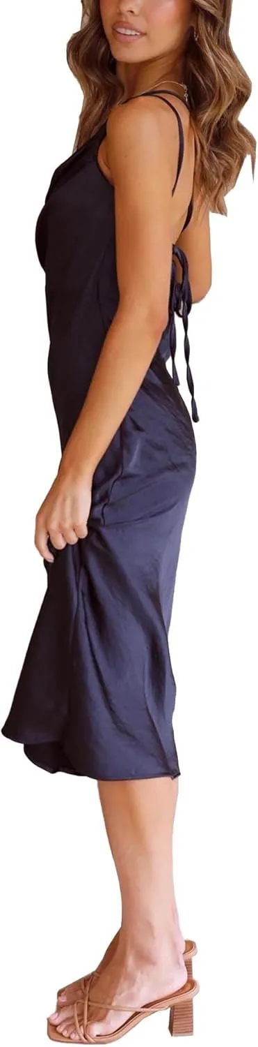xxxiticat Women's One Shoulder Satin Party Dress Sleeveless Slim Lace Up Bandage Backless Cocktail Wedding Midi Slip Dresses