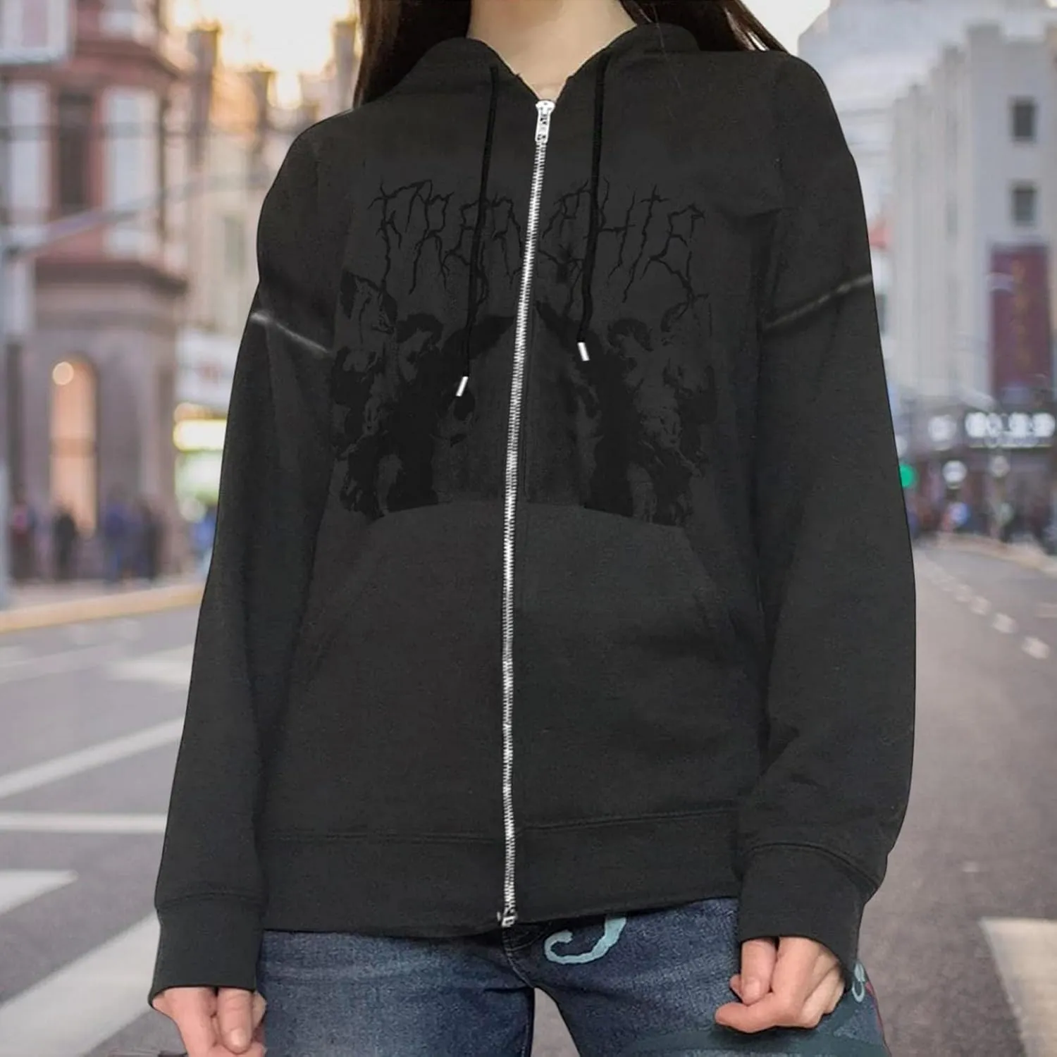 Y2K Hoodies for Women Full Zip Up Print Graphic Oversized Pockets Hooded Jacket 90s Long Sleeve Sweatshirt Goth Punk Teen