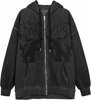 Y2K Hoodies for Women Full Zip Up Print Graphic Oversized Pockets Hooded Jacket 90s Long Sleeve Sweatshirt Goth Punk Teen