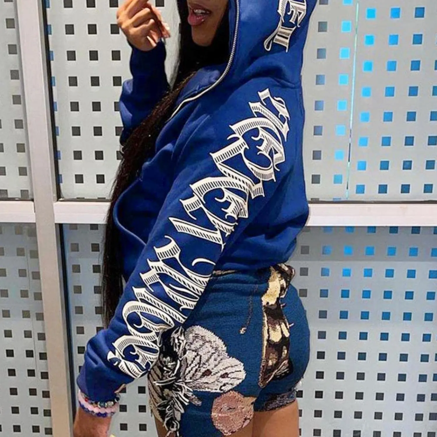 Y2K Hoodies for Women Full Zip Up Print Graphic Oversized Pockets Hooded Jacket 90s Long Sleeve Sweatshirt Hoody Halloween