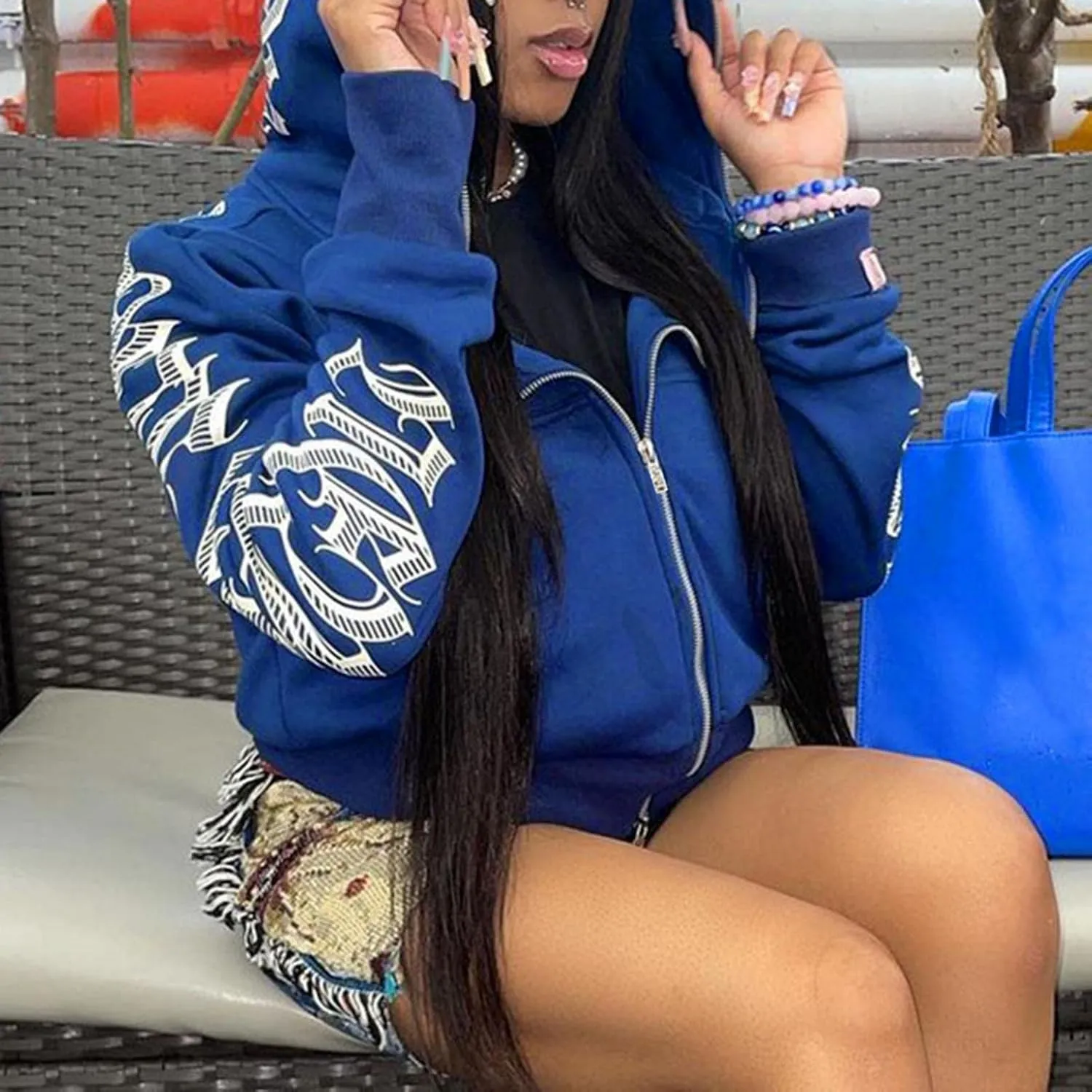 Y2K Hoodies for Women Full Zip Up Print Graphic Oversized Pockets Hooded Jacket 90s Long Sleeve Sweatshirt Hoody Halloween