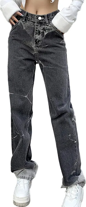 Y2K Women High Waisted Skinny Straight Leg Jeans Color Block Denim Pants Patchwork Classic Streetwear Baggy Trouser