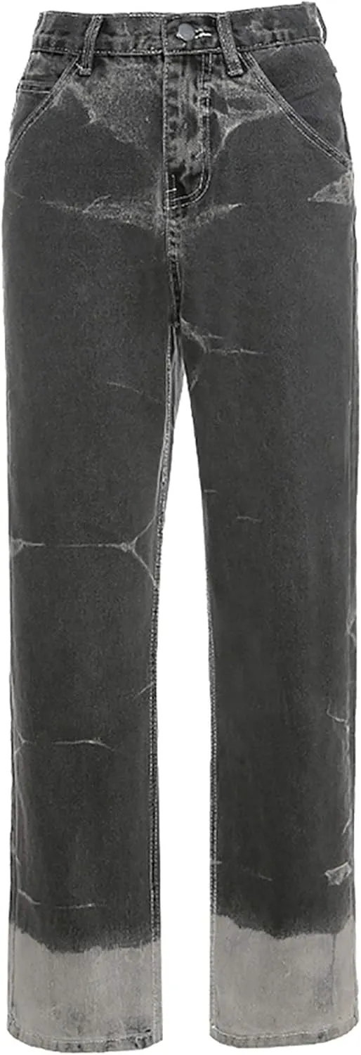 Y2K Women High Waisted Skinny Straight Leg Jeans Color Block Denim Pants Patchwork Classic Streetwear Baggy Trouser