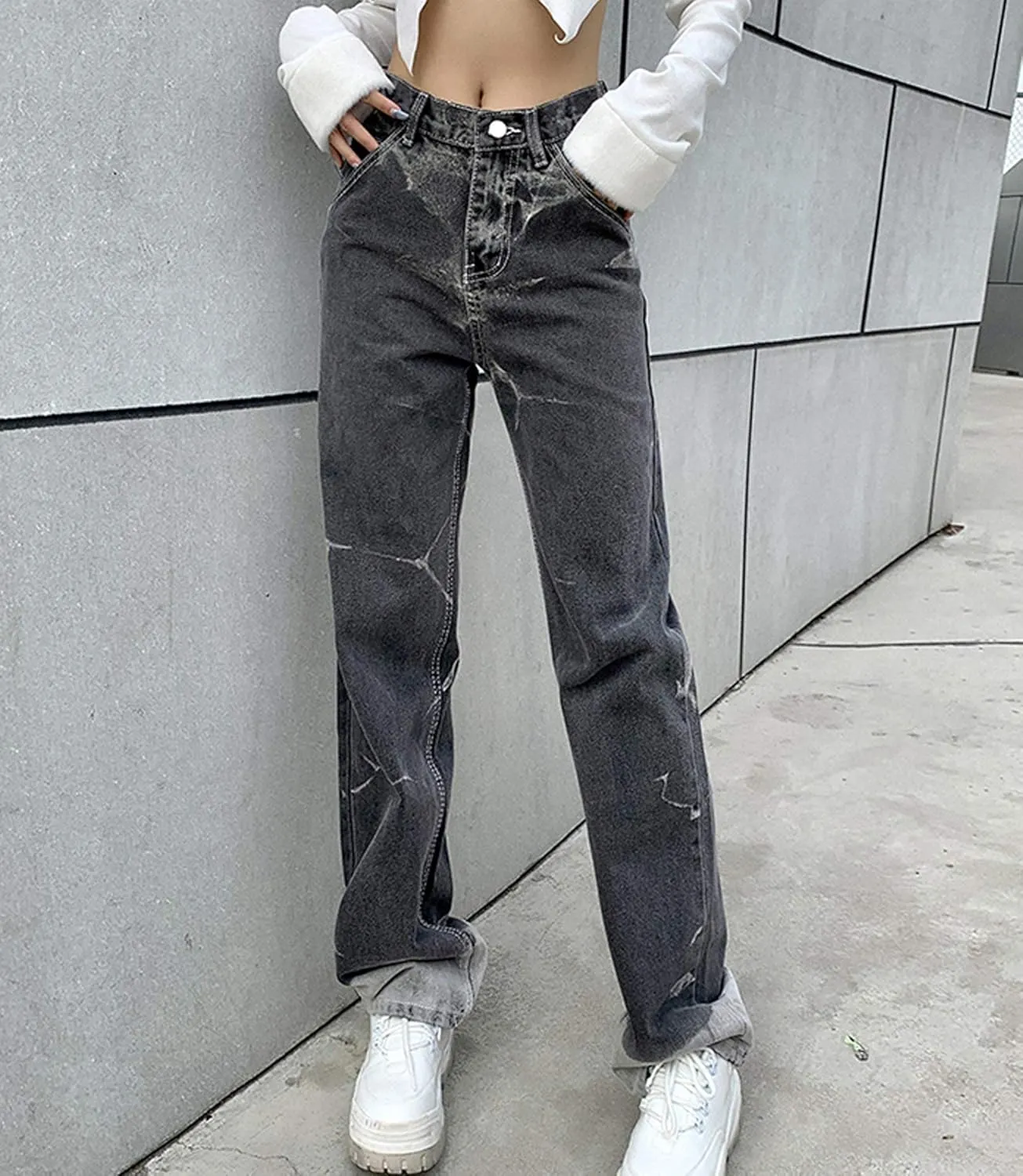 Y2K Women High Waisted Skinny Straight Leg Jeans Color Block Denim Pants Patchwork Classic Streetwear Baggy Trouser