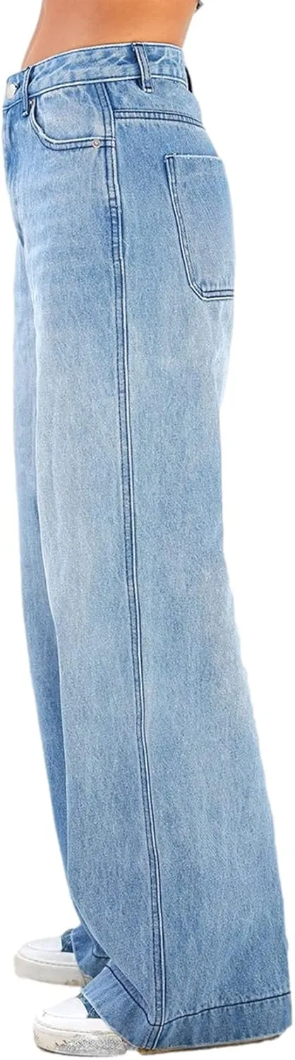 Y2K Women High Waisted Skinny Straight Leg Jeans Color Block Denim Pants Patchwork Classic Streetwear Baggy Trouser