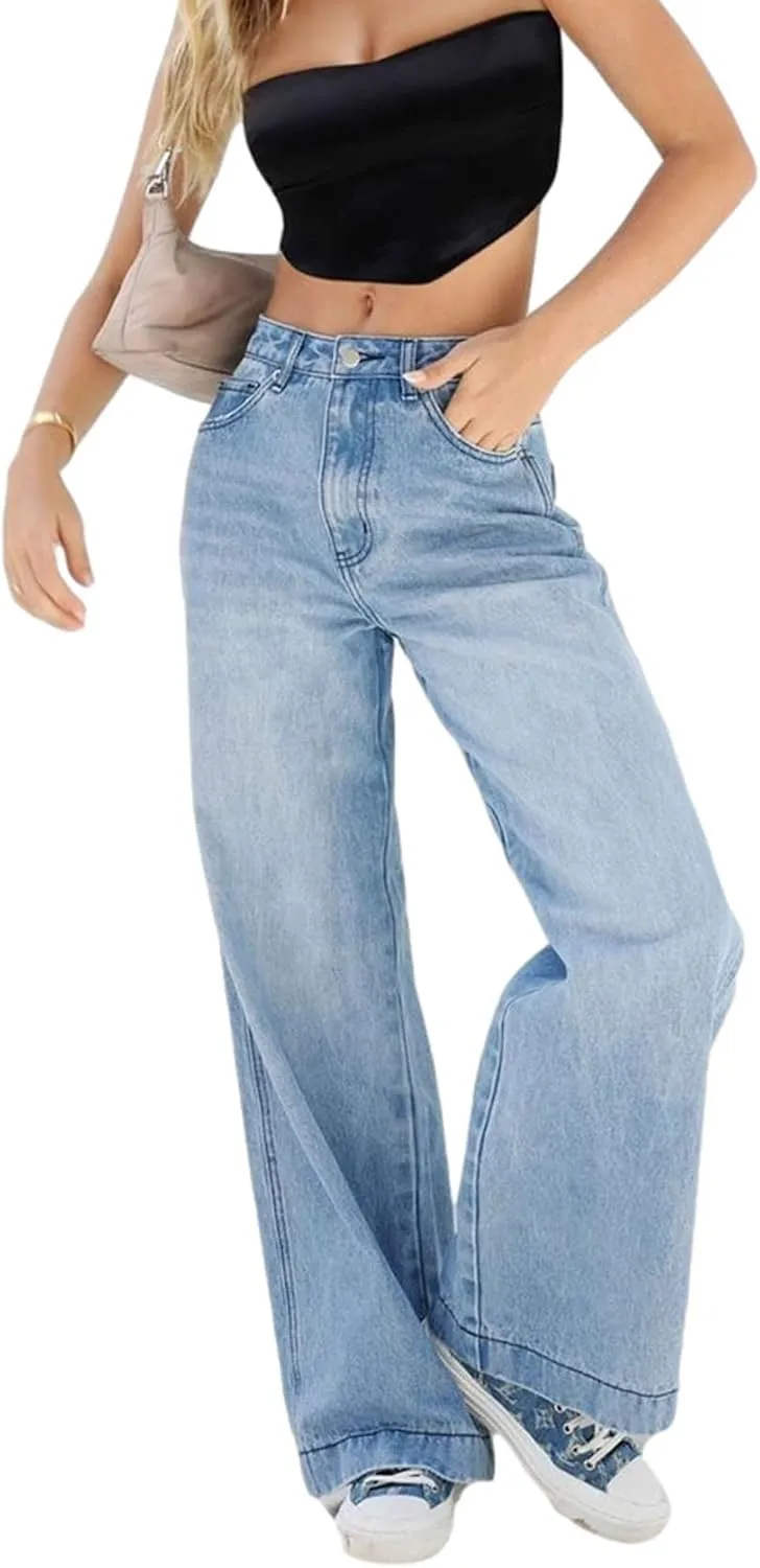 Y2K Women High Waisted Skinny Straight Leg Jeans Color Block Denim Pants Patchwork Classic Streetwear Baggy Trouser
