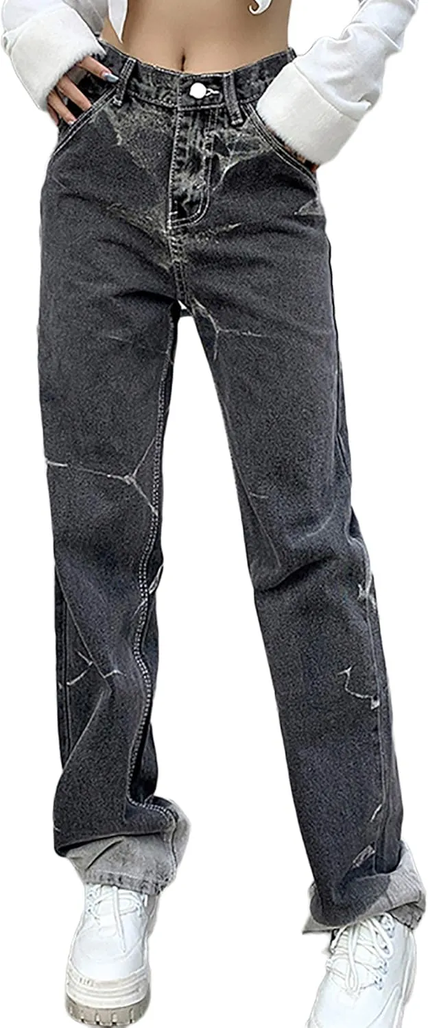 Y2K Women High Waisted Skinny Straight Leg Jeans Color Block Denim Pants Patchwork Classic Streetwear Baggy Trouser