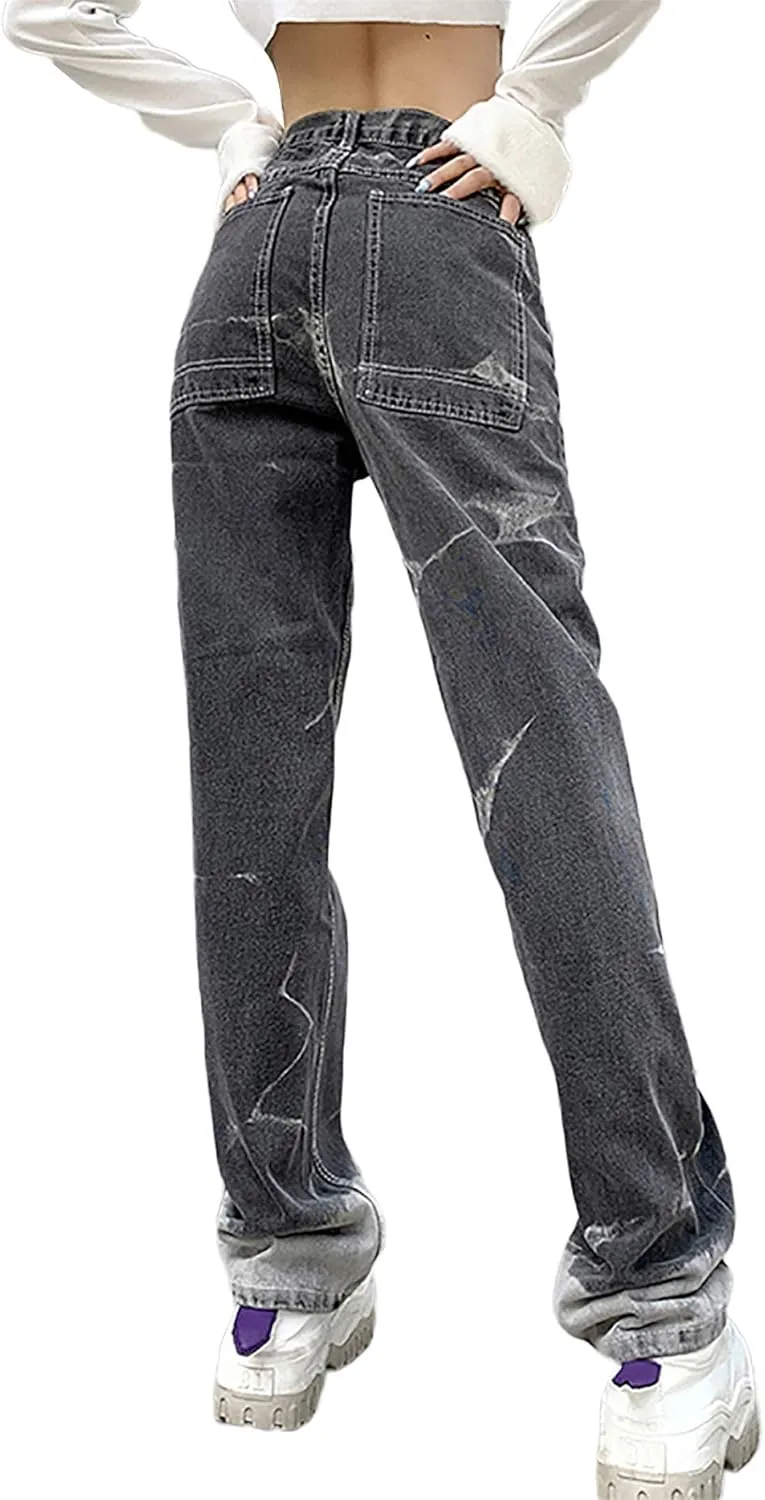 Y2K Women High Waisted Skinny Straight Leg Jeans Color Block Denim Pants Patchwork Classic Streetwear Baggy Trouser