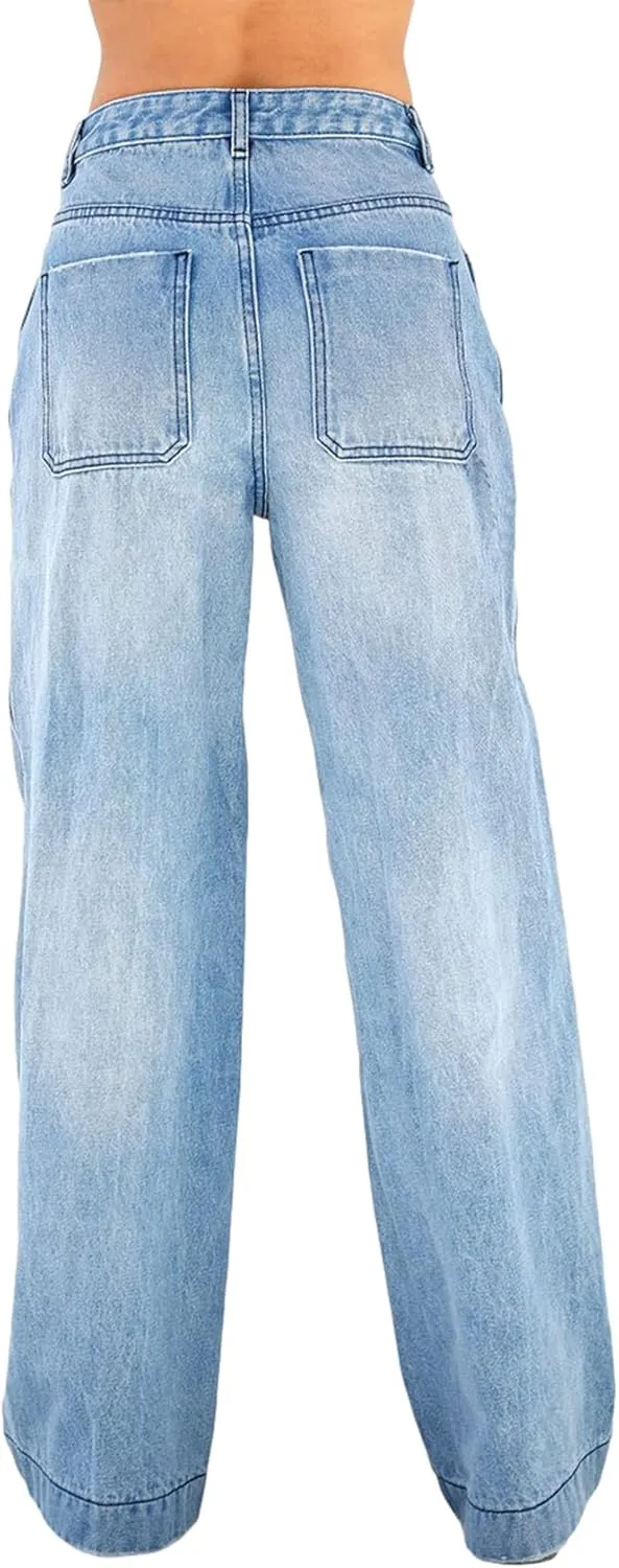 Y2K Women High Waisted Skinny Straight Leg Jeans Color Block Denim Pants Patchwork Classic Streetwear Baggy Trouser