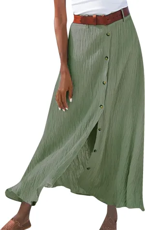 YMING Womens Button Front Flowy Maxi Skirt A Line Cotton Linen Skirts Casual Pleated Long Skirt