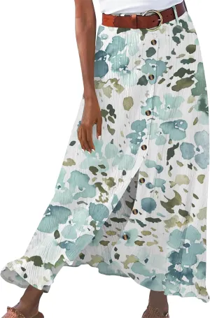 YMING Womens Button Front Flowy Maxi Skirt A Line Cotton Linen Skirts Casual Pleated Long Skirt