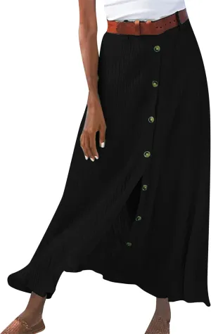 YMING Womens Button Front Flowy Maxi Skirt A Line Cotton Linen Skirts Casual Pleated Long Skirt