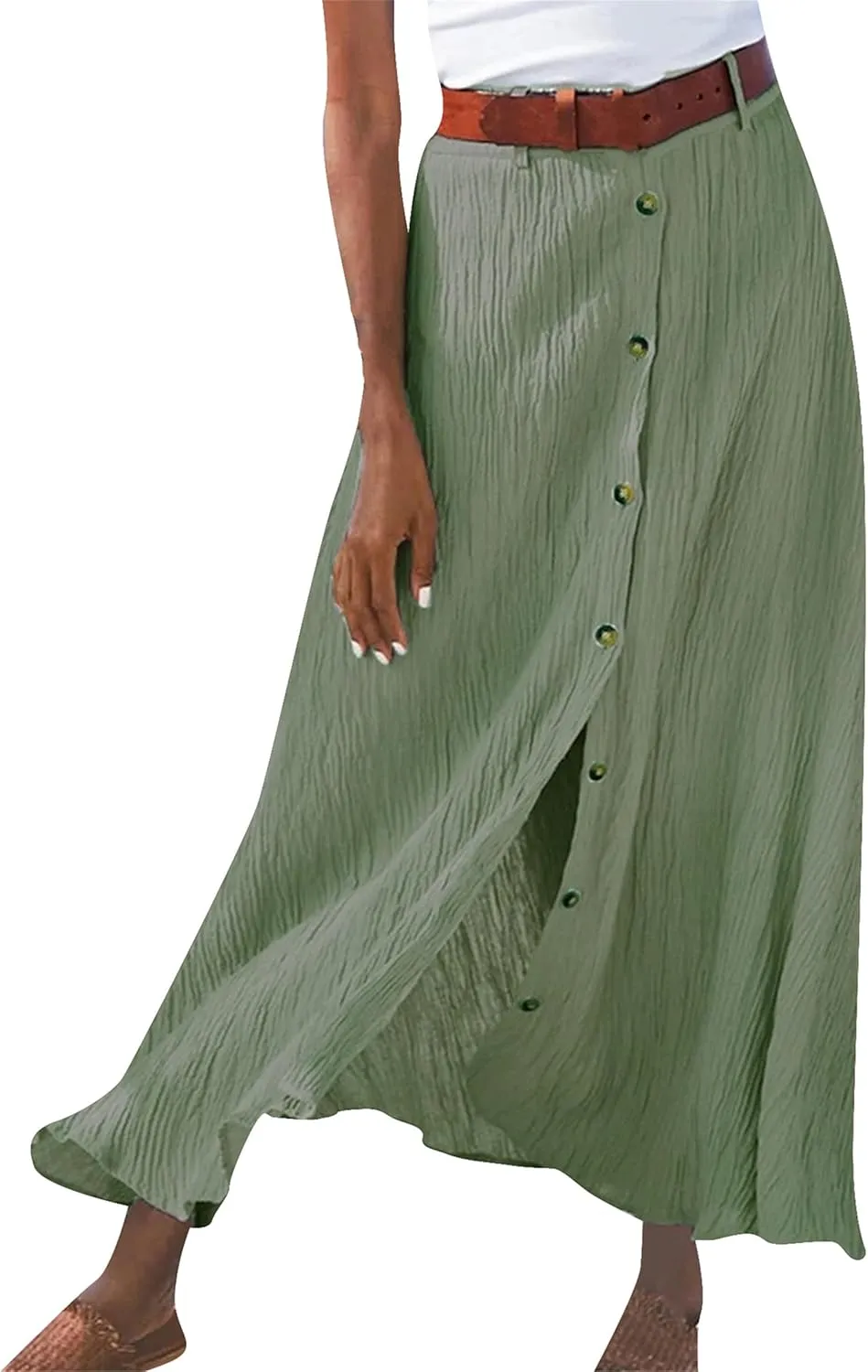 YMING Womens Button Front Flowy Maxi Skirt A Line Cotton Linen Skirts Casual Pleated Long Skirt