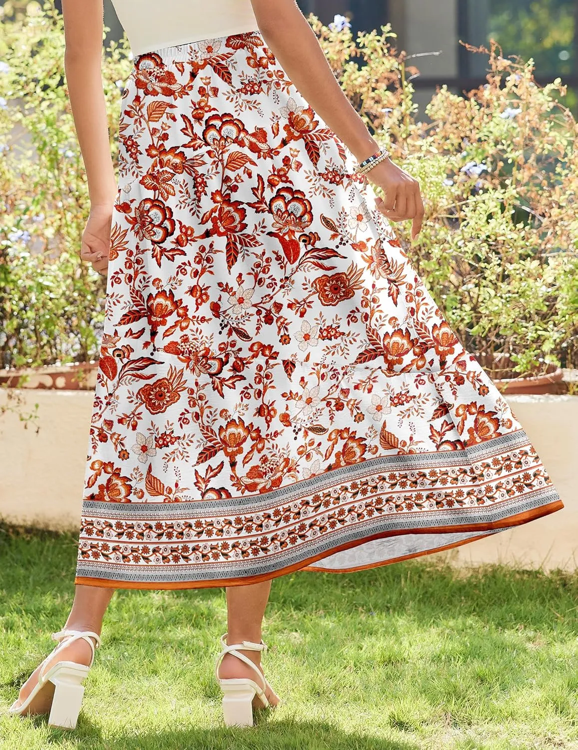 Zeagoo Women's Midi Summer Boho Flowy Swing A-Line Skirts 2025 Casual Elastic Waist Asymmetric Tiered Long Skirt with Pocket