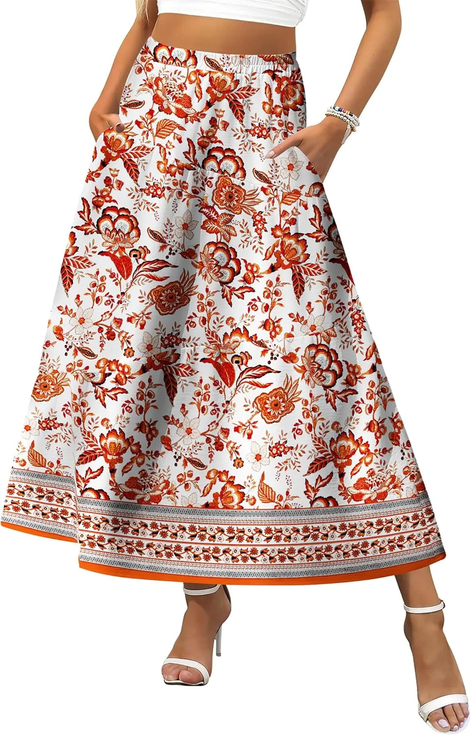 Zeagoo Women's Midi Summer Boho Flowy Swing A-Line Skirts 2025 Casual Elastic Waist Asymmetric Tiered Long Skirt with Pocket