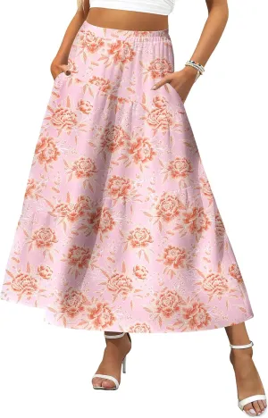 Zeagoo Women's Midi Summer Boho Flowy Swing A-Line Skirts 2025 Casual Elastic Waist Asymmetric Tiered Long Skirt with Pocket
