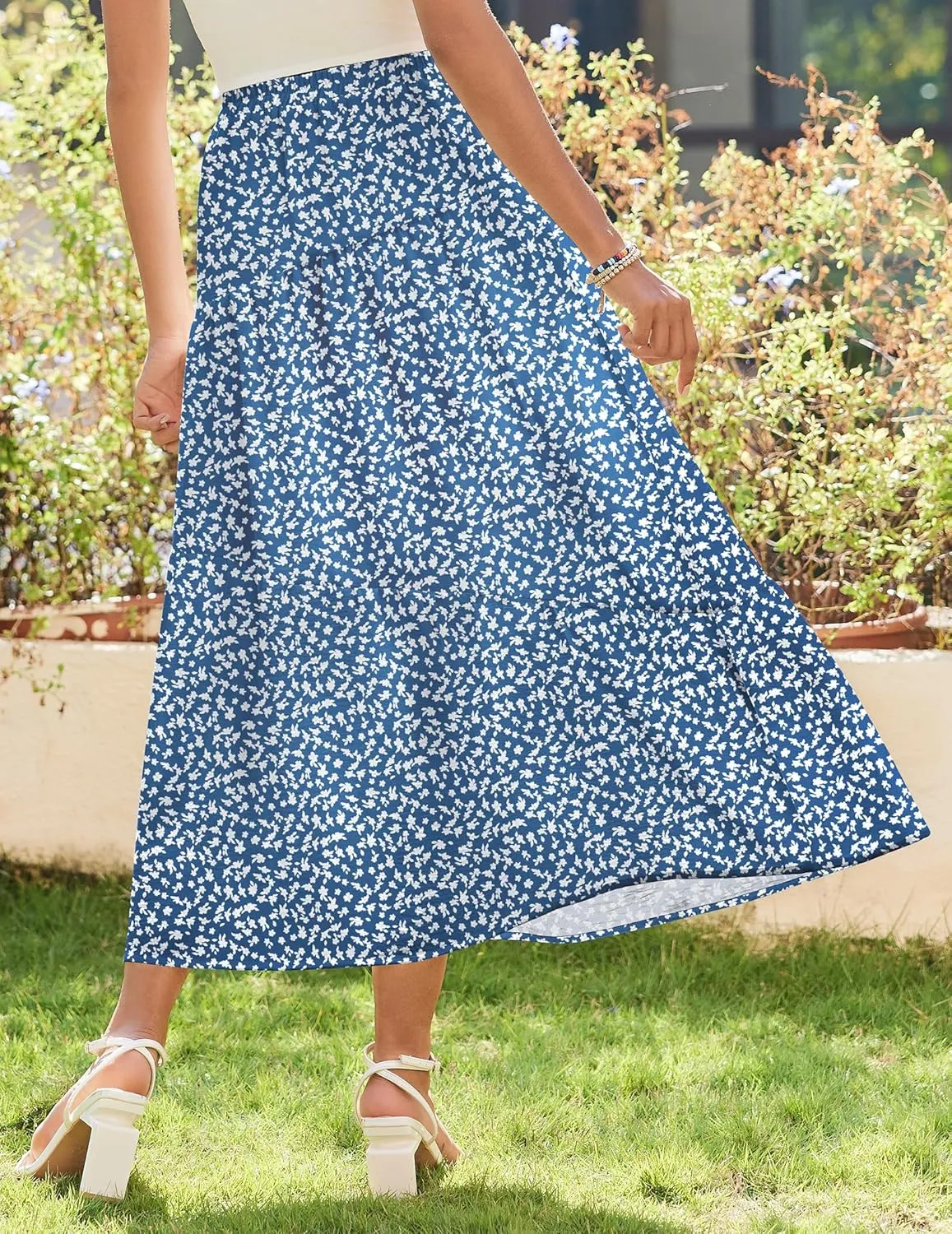 Zeagoo Women's Midi Summer Boho Flowy Swing A-Line Skirts 2025 Casual Elastic Waist Asymmetric Tiered Long Skirt with Pocket