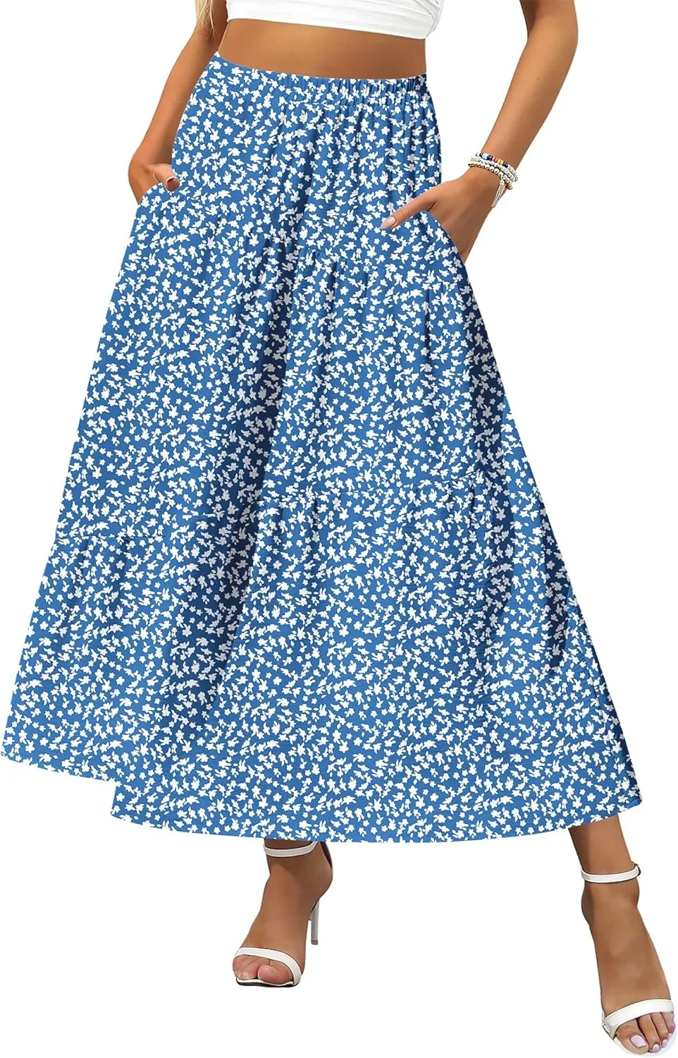 Zeagoo Women's Midi Summer Boho Flowy Swing A-Line Skirts 2025 Casual Elastic Waist Asymmetric Tiered Long Skirt with Pocket