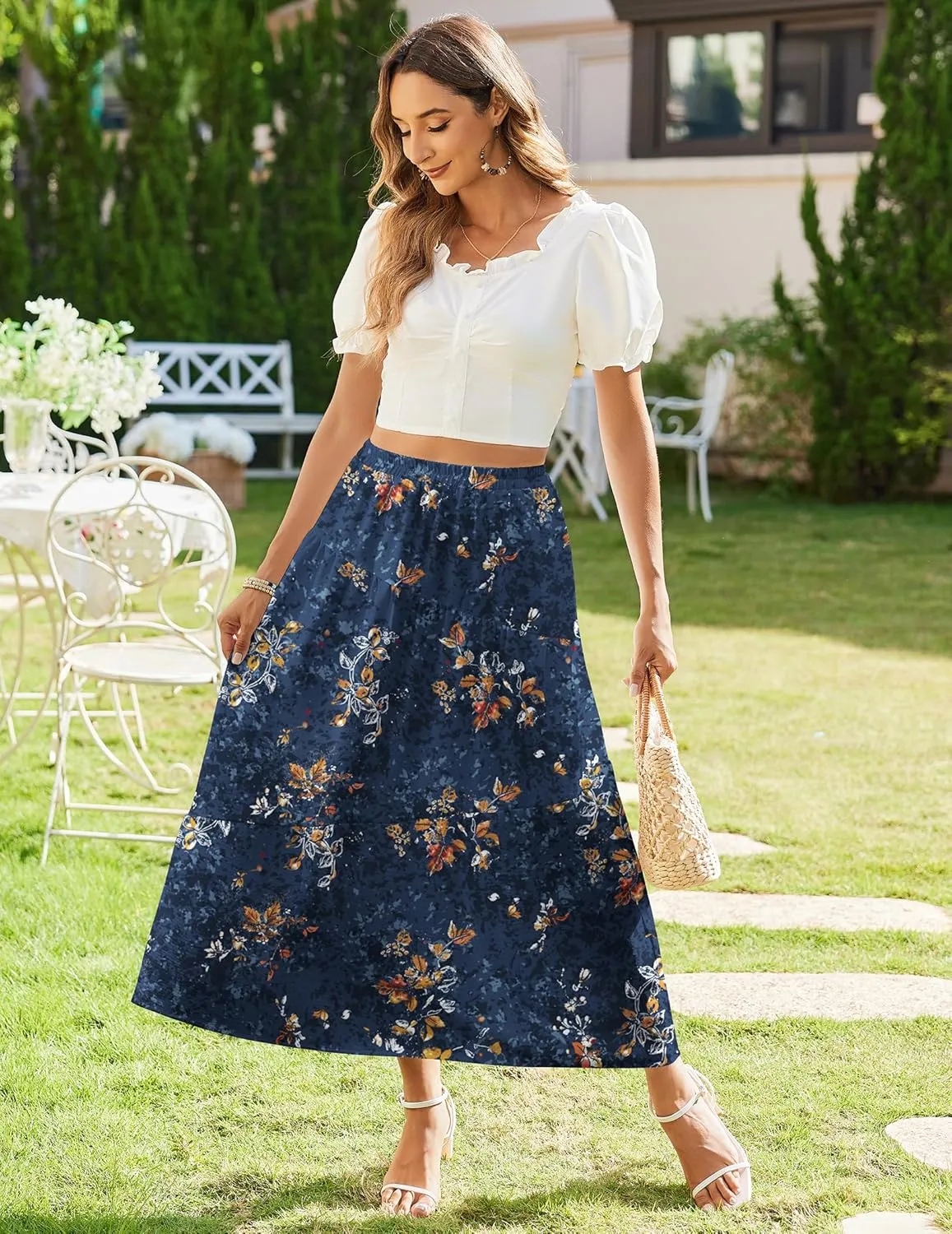 Zeagoo Women's Midi Summer Boho Flowy Swing A-Line Skirts 2025 Casual Elastic Waist Asymmetric Tiered Long Skirt with Pocket