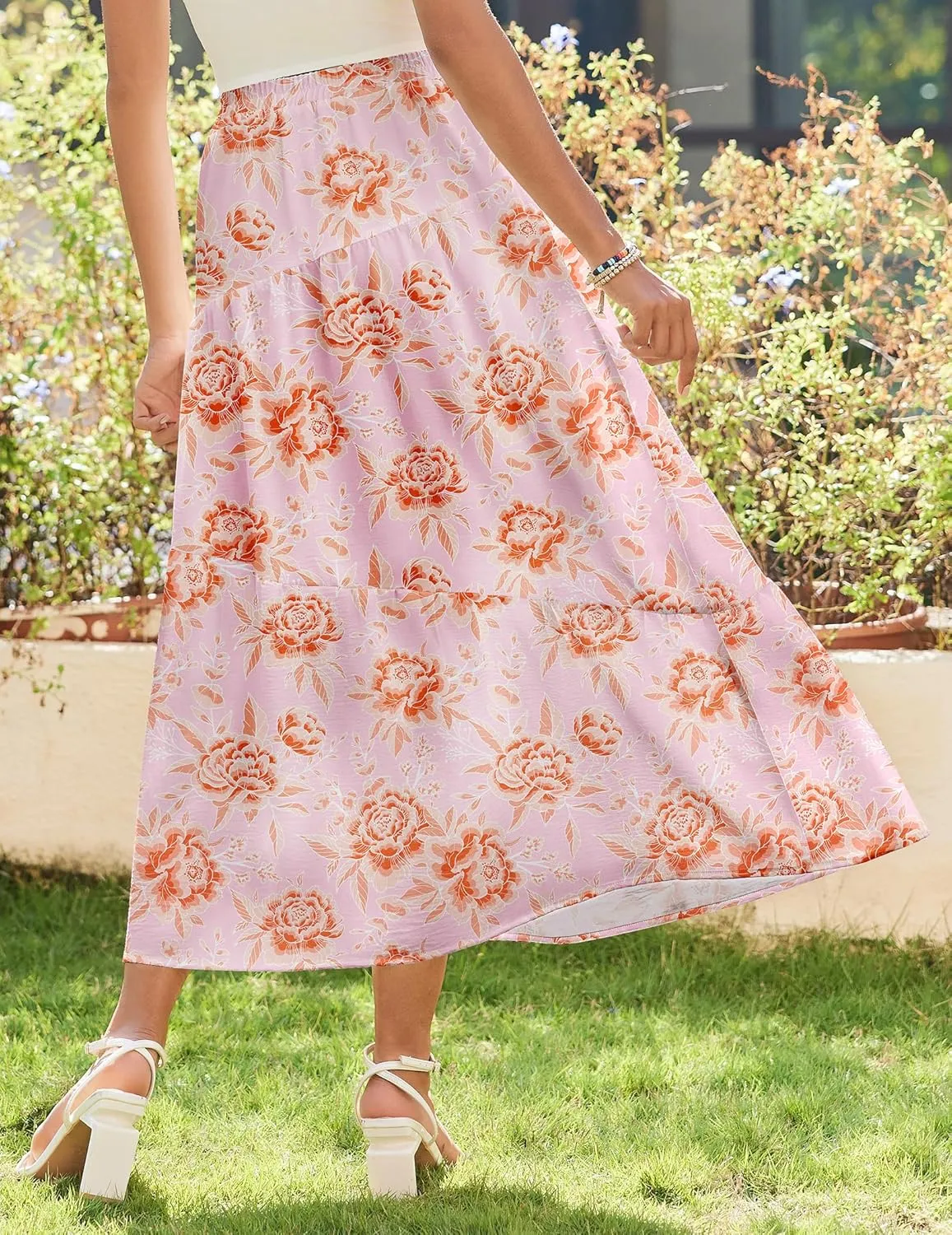 Zeagoo Women's Midi Summer Boho Flowy Swing A-Line Skirts 2025 Casual Elastic Waist Asymmetric Tiered Long Skirt with Pocket