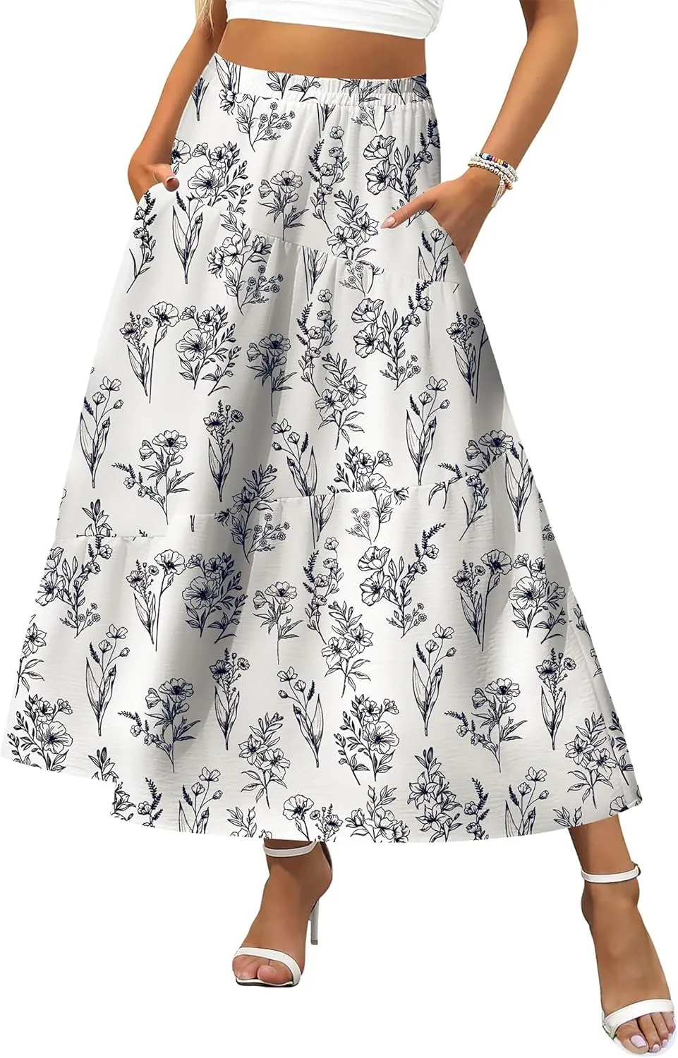 Zeagoo Women's Midi Summer Boho Flowy Swing A-Line Skirts 2025 Casual Elastic Waist Asymmetric Tiered Long Skirt with Pocket