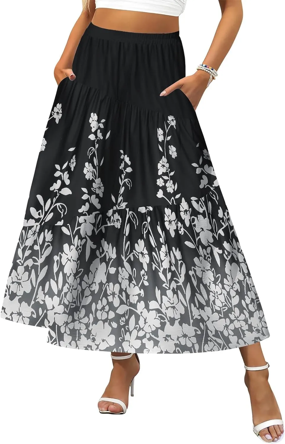Zeagoo Women's Midi Summer Boho Flowy Swing A-Line Skirts 2025 Casual Elastic Waist Asymmetric Tiered Long Skirt with Pocket