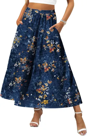 Zeagoo Women's Midi Summer Boho Flowy Swing A-Line Skirts 2025 Casual Elastic Waist Asymmetric Tiered Long Skirt with Pocket