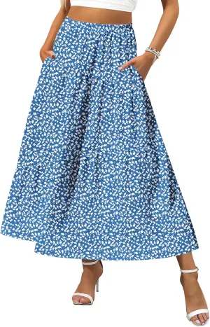 Zeagoo Women's Midi Summer Boho Flowy Swing A-Line Skirts 2025 Casual Elastic Waist Asymmetric Tiered Long Skirt with Pocket
