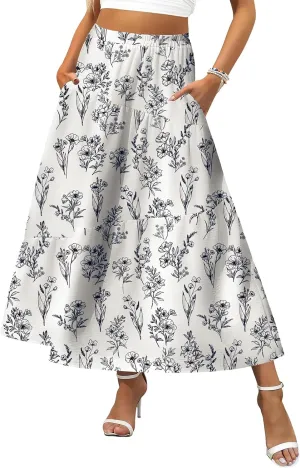 Zeagoo Women's Midi Summer Boho Flowy Swing A-Line Skirts 2025 Casual Elastic Waist Asymmetric Tiered Long Skirt with Pocket