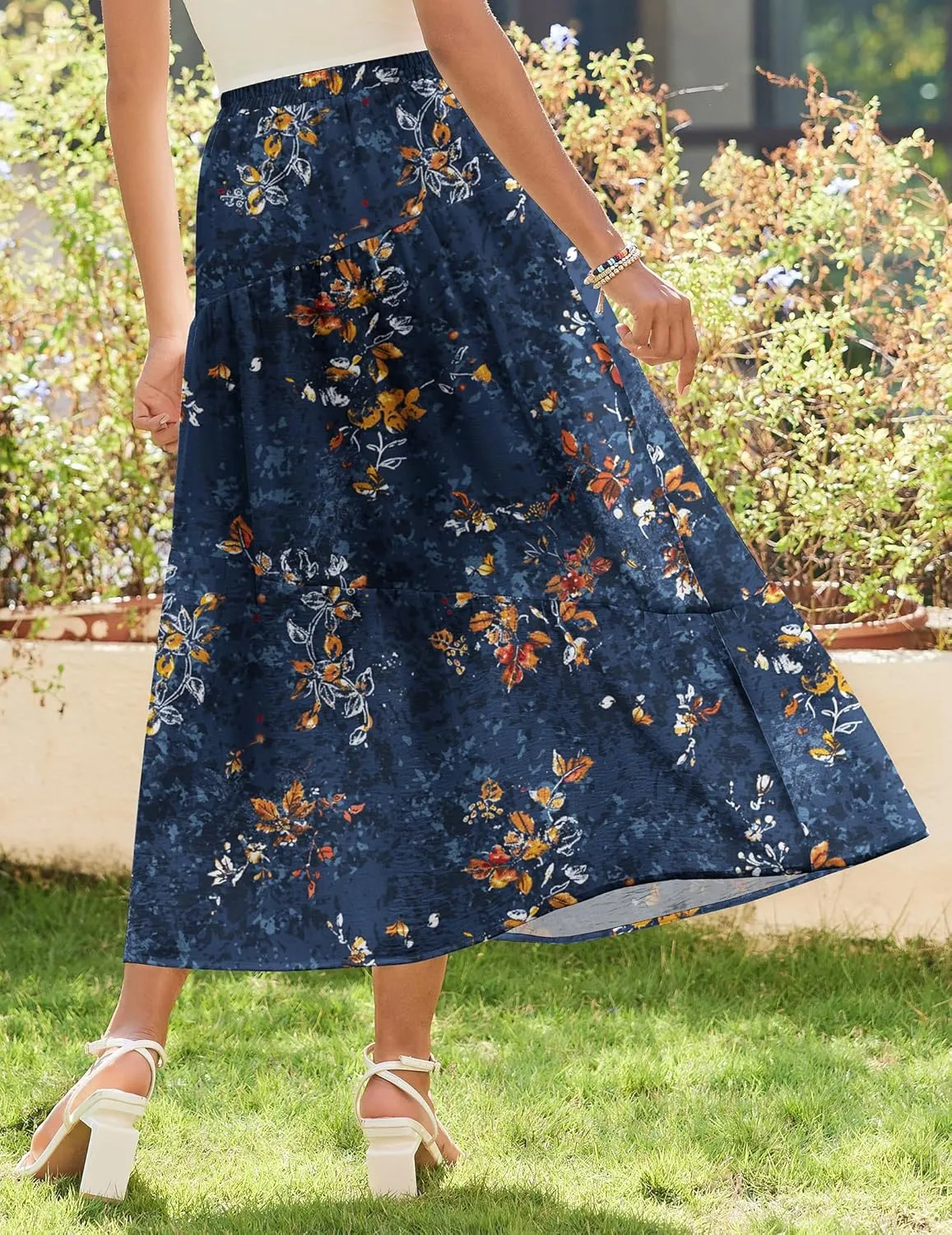 Zeagoo Women's Midi Summer Boho Flowy Swing A-Line Skirts 2025 Casual Elastic Waist Asymmetric Tiered Long Skirt with Pocket