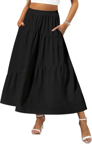 Zeagoo Women's Midi Summer Boho Flowy Swing A-Line Skirts 2025 Casual Elastic Waist Asymmetric Tiered Long Skirt with Pocket