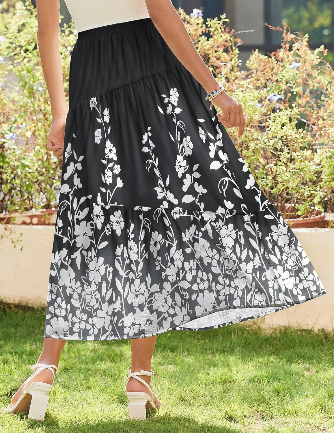 Zeagoo Women's Midi Summer Boho Flowy Swing A-Line Skirts 2025 Casual Elastic Waist Asymmetric Tiered Long Skirt with Pocket