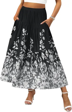 Zeagoo Women's Midi Summer Boho Flowy Swing A-Line Skirts 2025 Casual Elastic Waist Asymmetric Tiered Long Skirt with Pocket