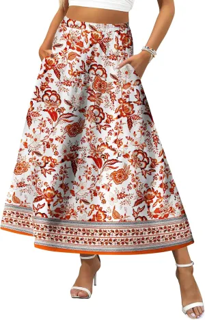 Zeagoo Women's Midi Summer Boho Flowy Swing A-Line Skirts 2025 Casual Elastic Waist Asymmetric Tiered Long Skirt with Pocket