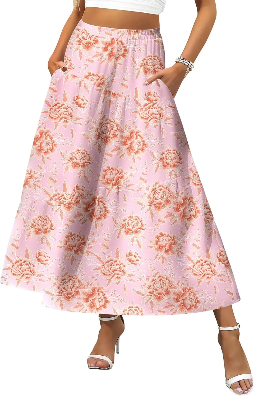 Zeagoo Women's Midi Summer Boho Flowy Swing A-Line Skirts 2025 Casual Elastic Waist Asymmetric Tiered Long Skirt with Pocket